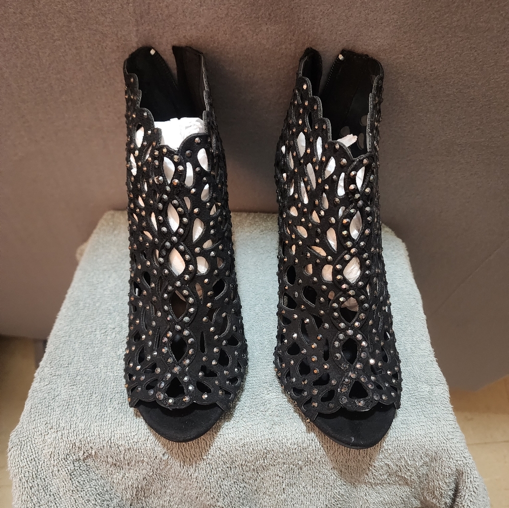 Macys Black High Heel Stappy Bootie with Zipper with Rhinestones